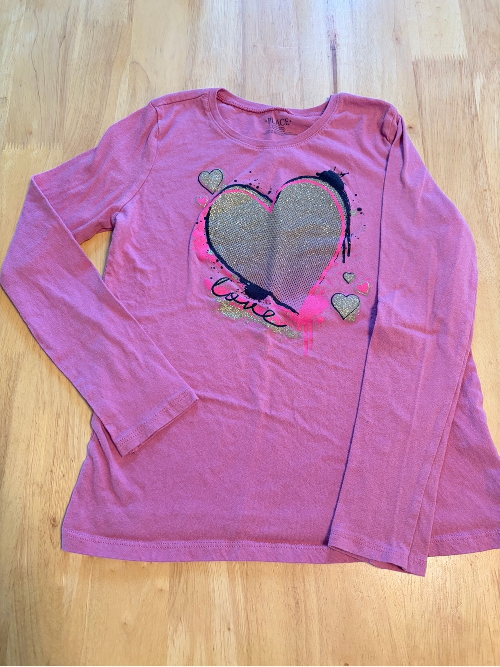 Place Pink Long Sleeve Heart Graphic Tee with Glitter
